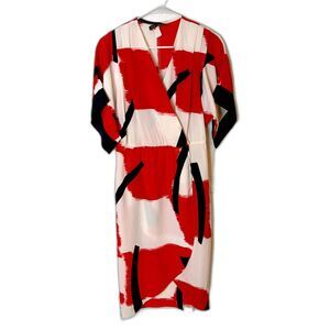 Vintage 90s Red Black White Abstract Print Wrap Dress Positive Influence Size M